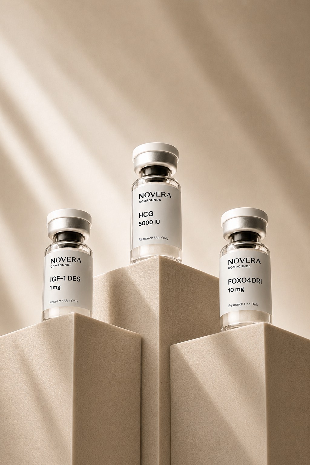 Novera research peptide vials on stone pedestals