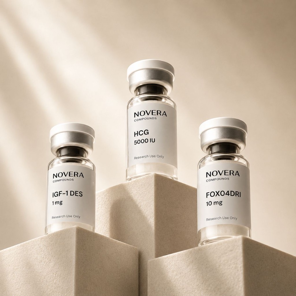 Novera IGF-1 DES, HCG, and FOXO4-DRI research peptide vials on stone pedestals